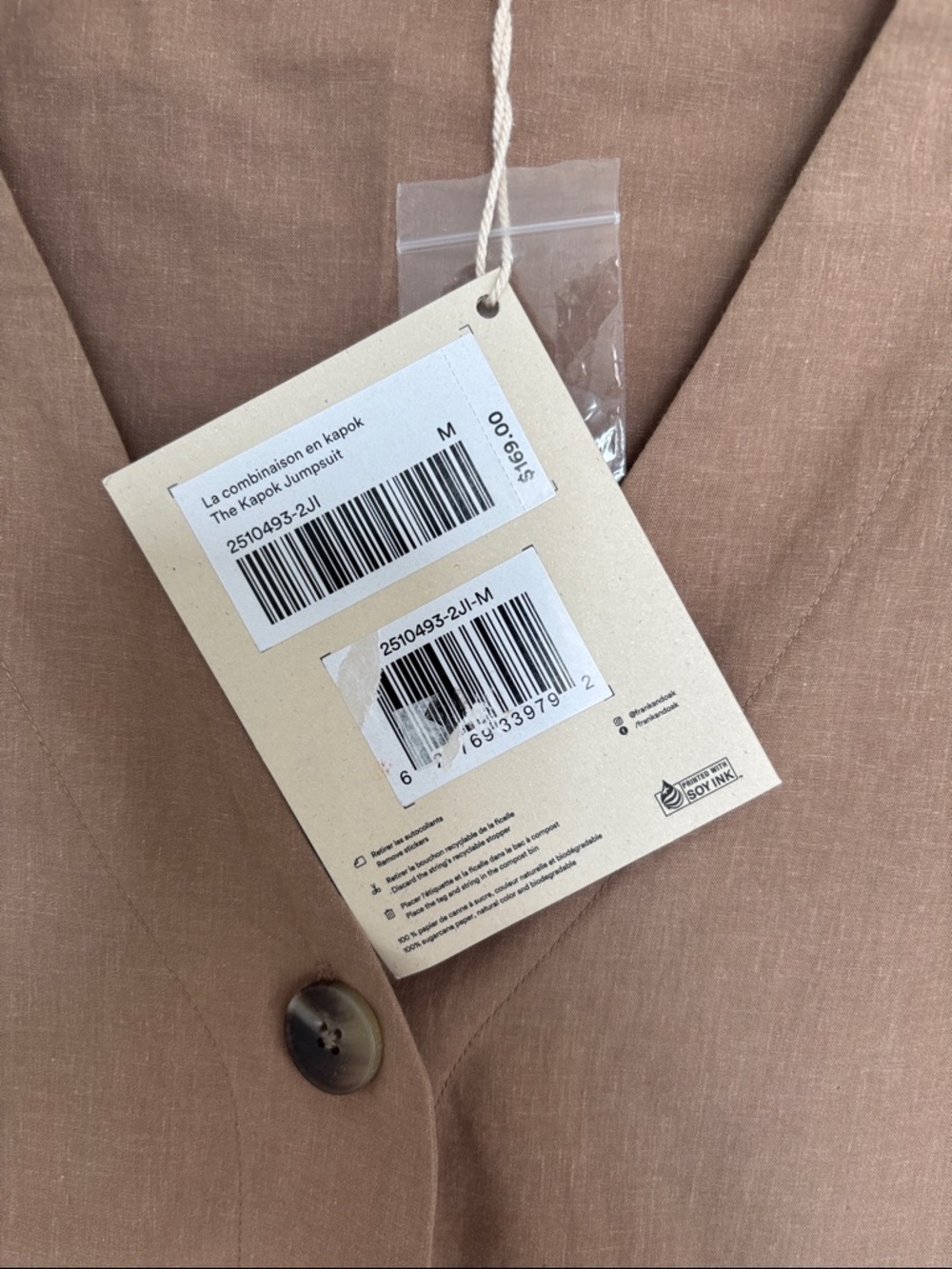 Frank & Oak Women's Cotton-Blend Tan Button-Front Drawstring Jumpsuit - Picture 3 of 5